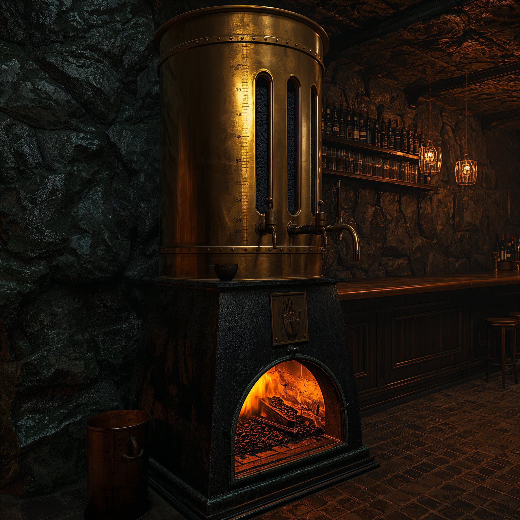 The Coluna at the end of the lower bar: a polished brass drum with three slotted weights and an engraved scale, standing on a black iron plinth with a coal fire burning in its open door