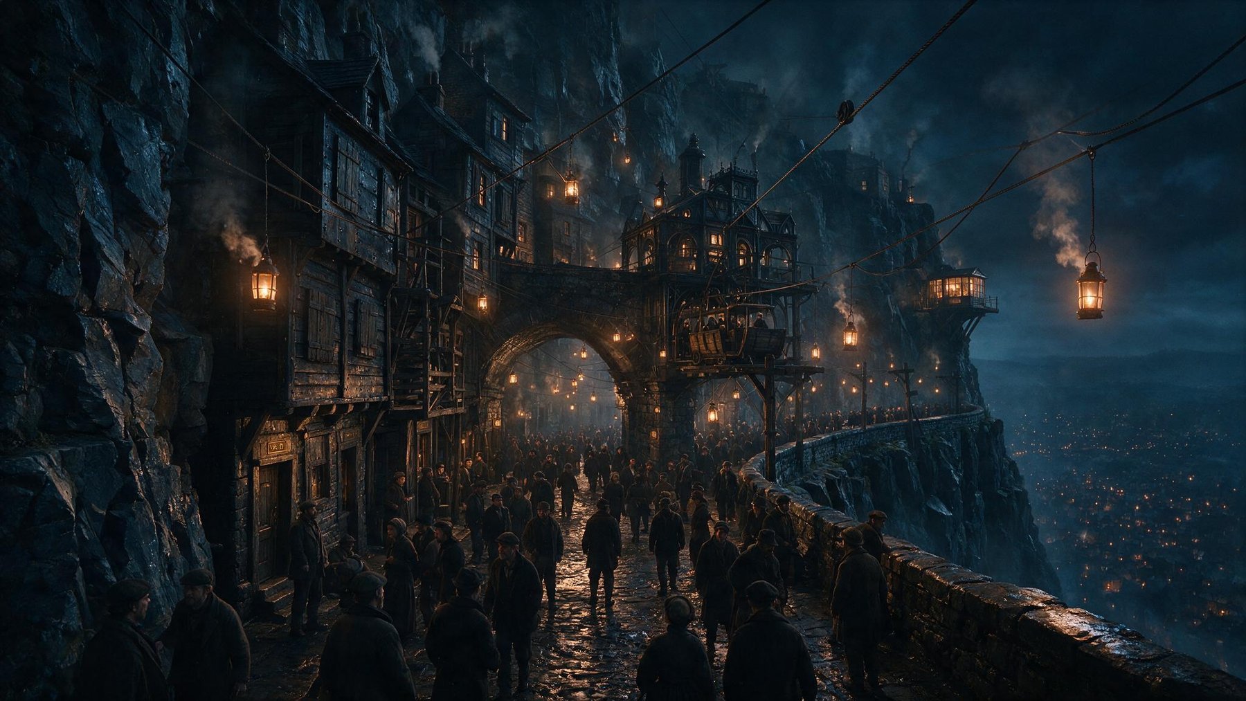 A cut terrace at night: worked rock wall and tenements on one side, a low parapet and a sheer drop on the other, tallow lanterns hung on cords across the street, and a crowd of working people moving both ways over wet flagstones