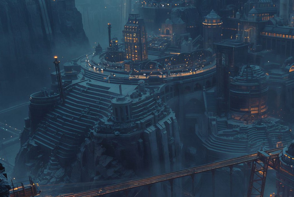 A lit oval terrace standing proud of a dark worked mountainside: a balustraded promenade traced in amber lamps with small figures standing at it, a knot of tall unlit houses inside the ring, and below it a great flight of shallow stone steps fanning outward and ending in a raw cut face above the drop