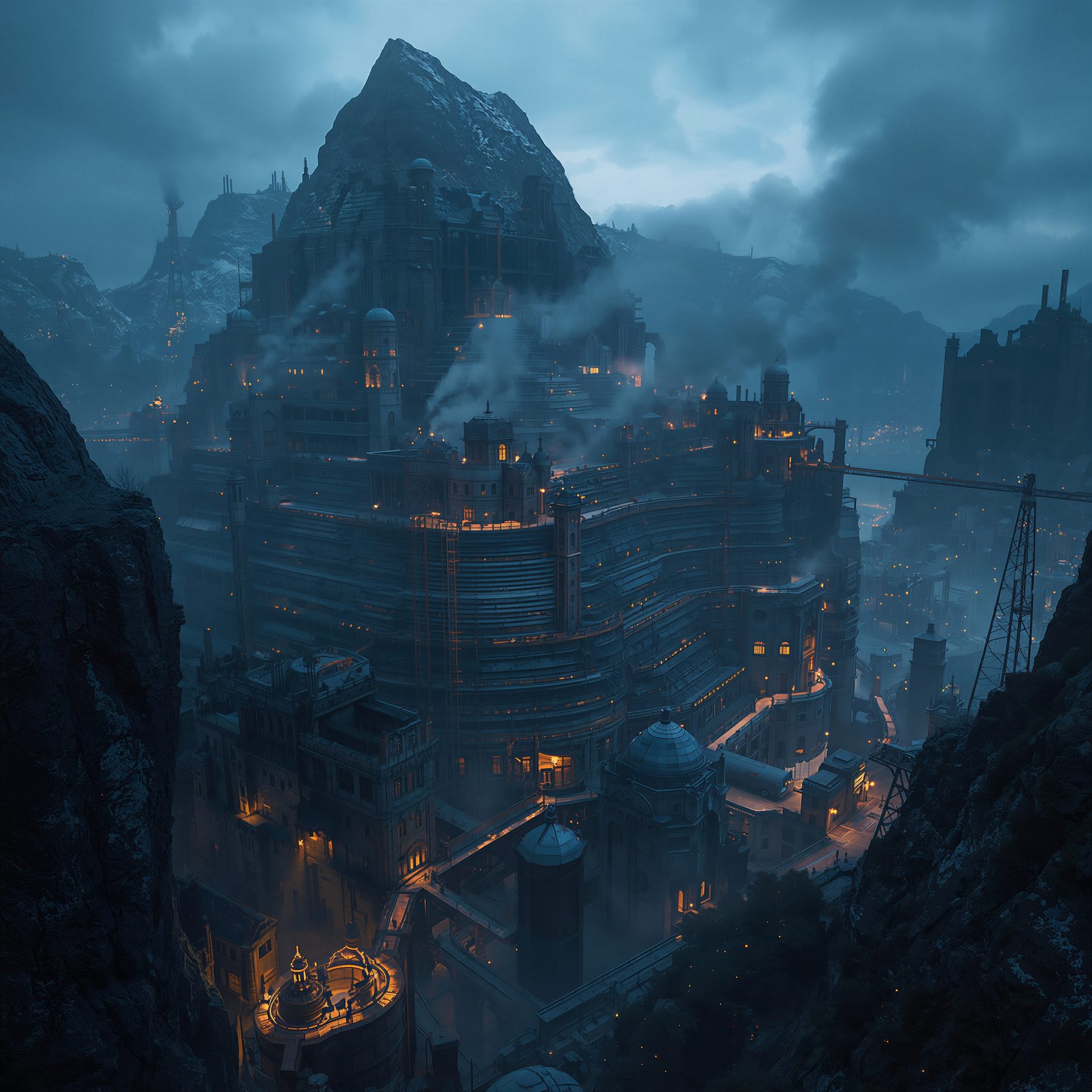 A city in its range at blue hour