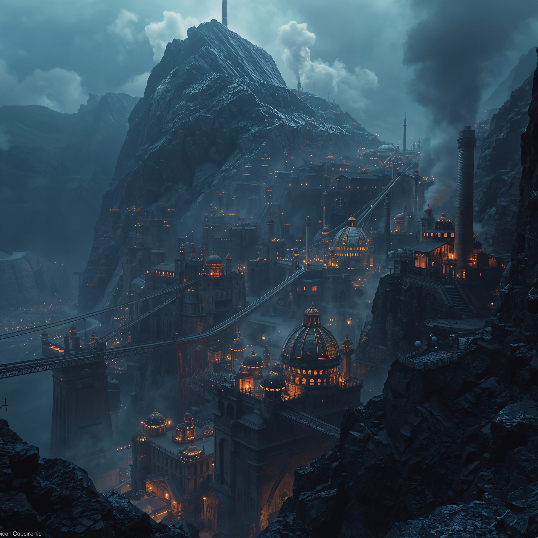 The Scales from across the ravine: lit glass domes in the foreground beneath the dark peak